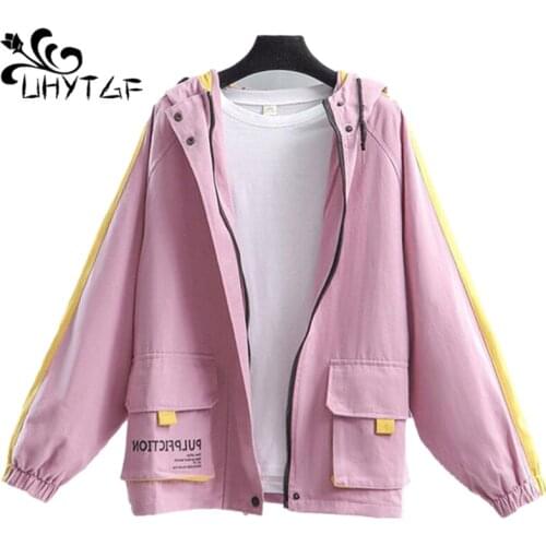 UHYTGF Oversized Jacket Women Fashion Hooded Baseball Uniform Spring Autumn Coat Outerwear Wild Casual Female Tops Overcoat 1346