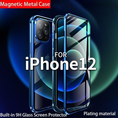 Metal plating Magnetic 360 For iphone 12 pro Case Glass For iphone 12 Pro Max Mini Case phone Cases funda luxury coque cover