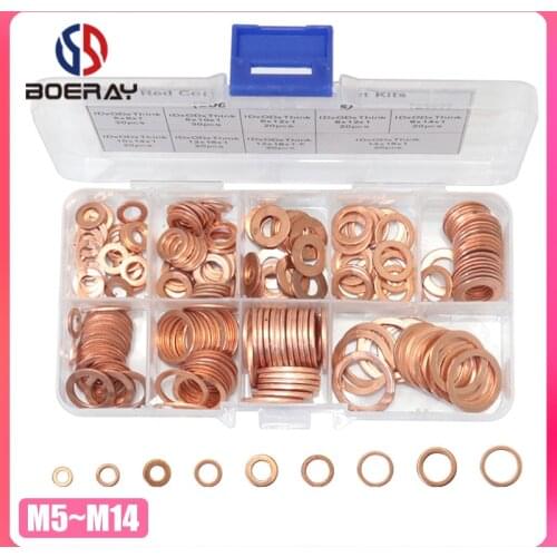 200pcs Red Copper Brass Gaskets Assortment Flat Washers Sealing Ring Set with Box For Hardware Accessories