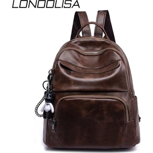 New Vintage Soft Leather Women Backpack Cute Bear Pendant School Bag For Teenage Girls Light & Large Capacity Ladies Travel Bags