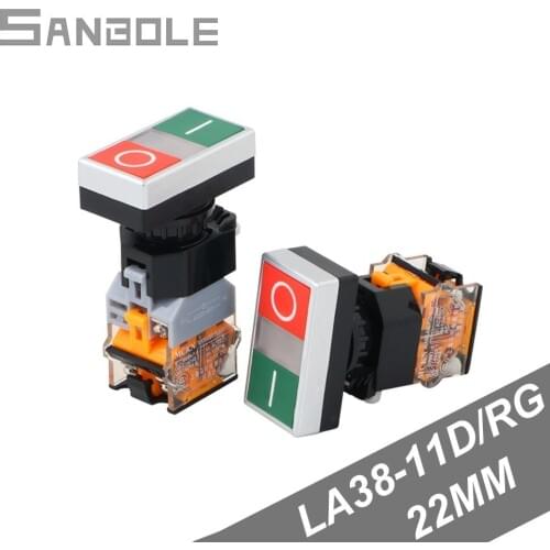 Self-reset Momentary illuminated double-headed push button switch Red Green with lamp LA38-11D/RG Flat 22mm