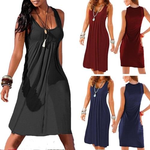 Women Cotton Dress Summer Sleeveless Casual Tank Sundress Square Collar Plain High Waist Loose Dress Big Size 3Colors