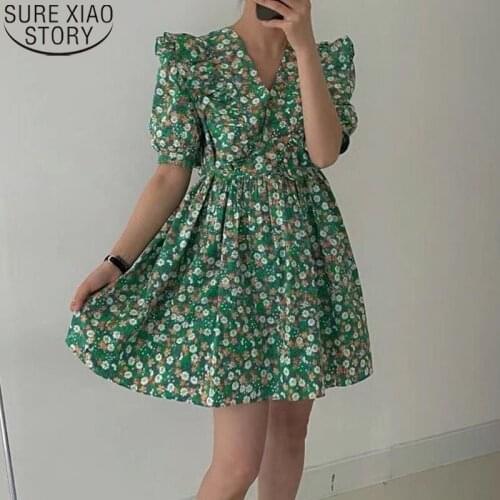 Chiffon Dress Summer 2021 Korean Chic Sweet V-neck Ruffle Bubble Sleeve Floral Dress Casual Dresses for Women Vestidos 15039
