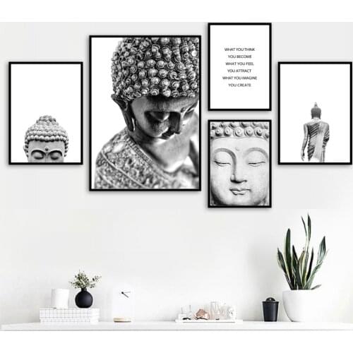 Sakyamuni Buddha Statue Qoutes Wall Art Canvas Painting Black White Nordic Posters and Prints Wall Pictures for Living Room
