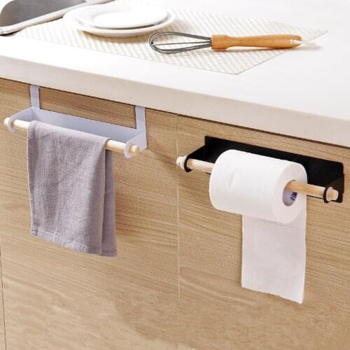 Punch Free Self-adhesive Roll Paper Holder Back Of The Door Hanger Towel Wooden Storage Rack Hanging Shelf For Kitchen Bathroom