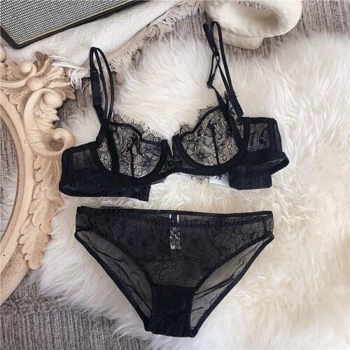 Honviey Ultra-thin lace perspective lingerie set sexy underwired bra briefs sets push up bra set gathered black bra set