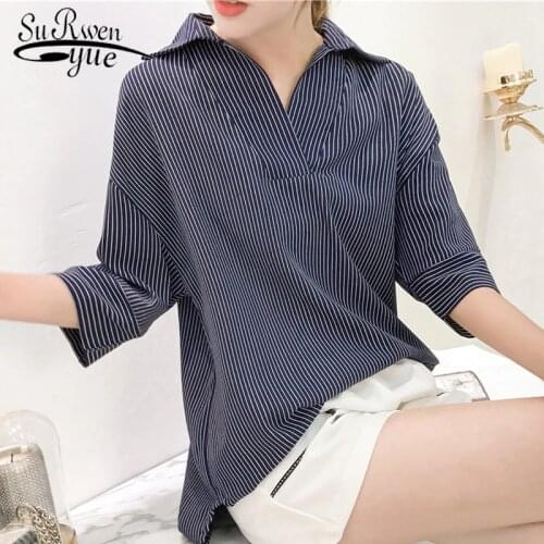 Plus Size M-4XL Women Tops and Blouse Striped Shirt V-collar Nice Blouse Women Shirt Blusas Femininas Fashion Blouses New 0428