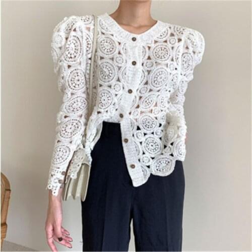 Crocheted Hollow Knit Cardigans Women Spring Fall Korean O-neck Puff Sleeve Loose Thin Sweater Jackets Elegance Solid Lady Tops
