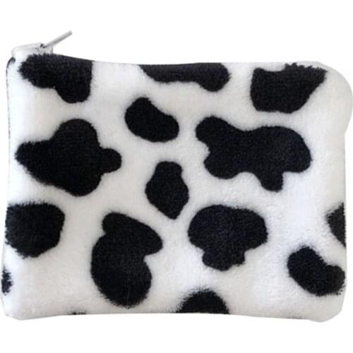 Women Cartoon Cow Pattern Plush Coin Card Key Wallet Pouch Mini Purse Zipper Small Change Bag