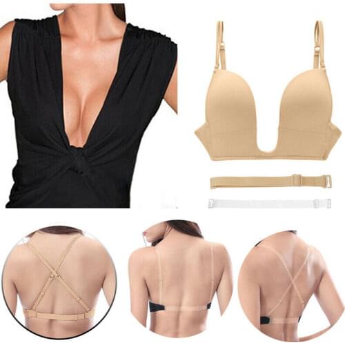 Vgplay Women Bra Solid Deep Plunge U Underwear Wire Free Push Up Brassiere Triangle Cup Ttransparent Straps Bras for Women