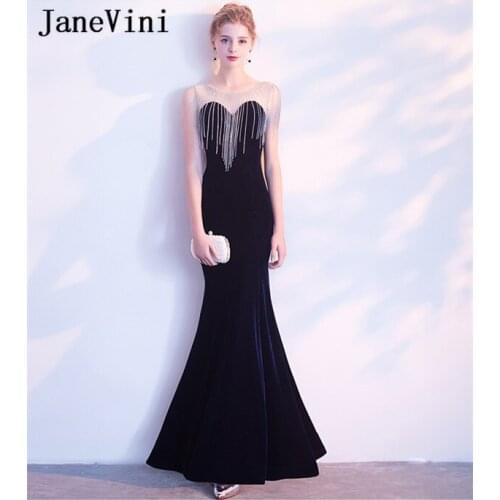 JaneVini Beaded Velvet Navy Blue Mermaid Long Mermaid Bridesmaid Dresses Sheer Neck Backless Floor Length Wedding Guest Dresses