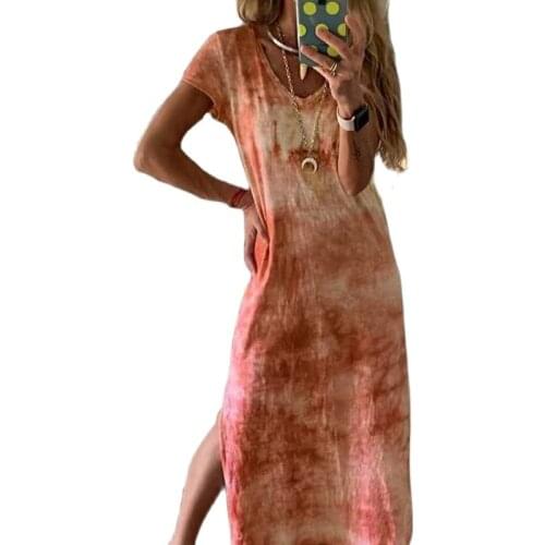 Womens Plus Size Dye Printed Summer Long Dress 2020Casual Boho V-neck Short Sleeve Split Dresses Slim Vesrido Purple Maxi Dress