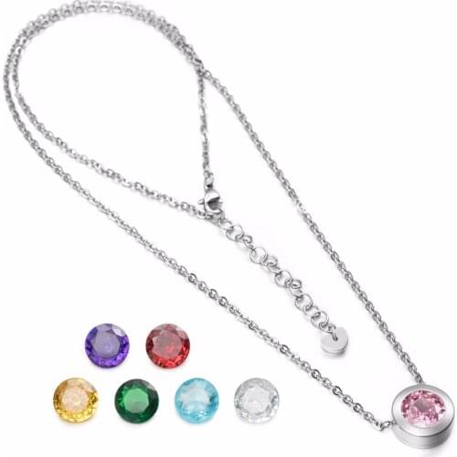 Women Stainless Steel Simple Pendant Necklace Fashion Round 7 Color Interchangeable CZ Necklaces Wedding Bridal Crystal Necklace