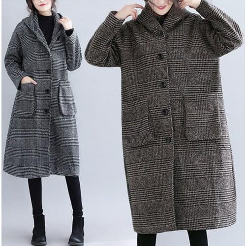 Blended Woolen Coat Womens Wool Trench Coat 2020 NEW Autumn Winter Hooded Mid-Long Single-breasted Plaid Female Outwear W213