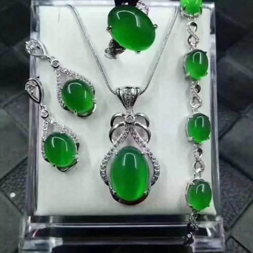 925 Silver Fine Jewelry Women Jewelry Certificate Natural Jade Medullary Ring Pendant Earrings Bracelet Jewelry Sets