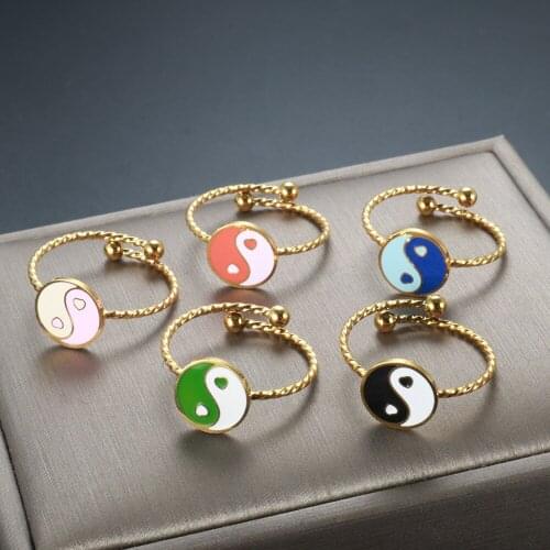 ZMFashion Stainless Steel Enamel Yin Yang Round Shape Ring Gossip Adjustable Wamen Luxury Couple Ring Jewelry Gift 2021 Trend