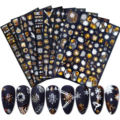 1PC Holographic Snowflake Stickers Nail Decals Slider 3D Reflective Glitter Winter Elk Leaf Colorful Christmas Manicure