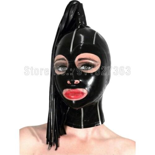 100% Latex hoods Latex Catsuits Rubber Hoods with Single Streamer Club Wear Sexy Women Black Open Eyes headgear w Back Zipper