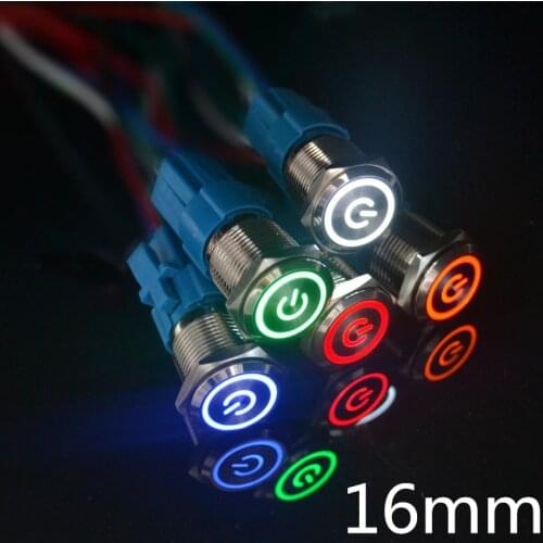 16mm 5v 12v 24v 220v red blue yellow green white Light Hot Car Auto Metal LED Power Push Button Switch Self locking