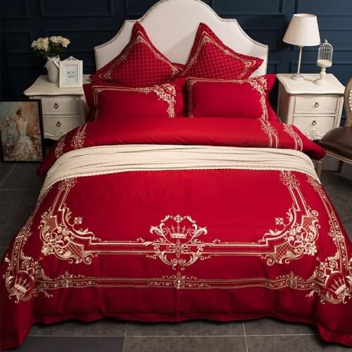 Luxury red Golden 100S Egyptian cotton Embroidery Bedding sets Queen King Royal Duvet cover Bed sheet set Pillowcases 4/6pcs