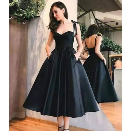 BEPEITHY 2020 Sweetheart Black Prom Dresses For Women Tea Length Party Dress With Pockets Custom Made Plus Size Evening