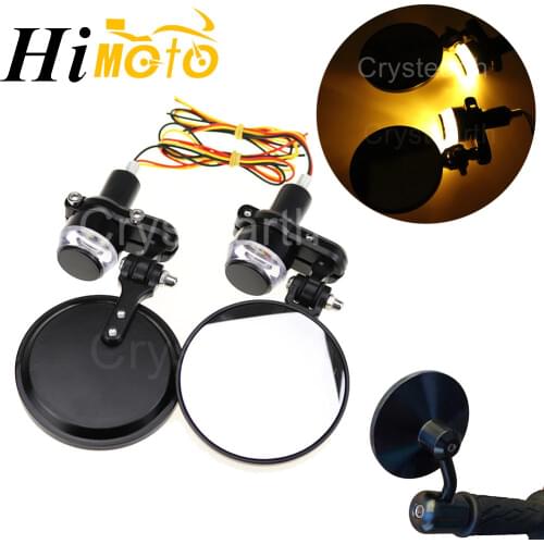 7/8" 22mm Handle Bar End Mirrors Side Mirror With Turn Signal Amber White Light Universal For Honda Harley Cafe Racer Bobber