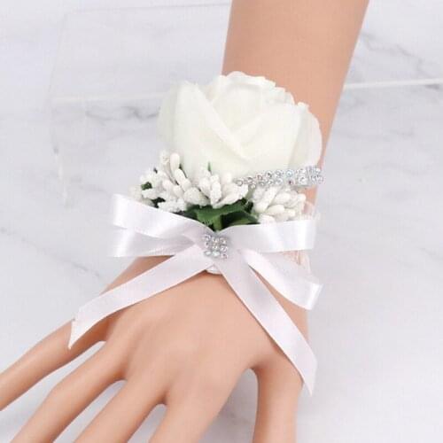 5Pieces/Bag Handmade Wedding Party Prom Bridal Mother Bridesmaid Hand Wrist Flower White Silk Rose Flower Bracelet Women Corsage