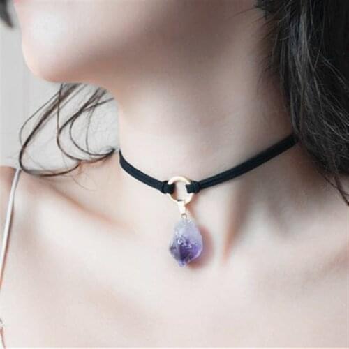 Purple Crystal Choker Necklace Witchy Jewelry Raw Stone Pendant Black Layering Choker Boho Style Fashion Women Gifts 2020 new
