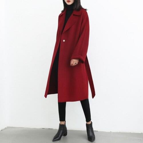 Long woolen blends cashmere coats for women 2019 autumn winter ladies jackets plus size overcoat double sided wine red fashion
