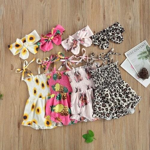 Baby Girl’s Lace-Up Romper Summer Sleeveless Fresh Printing Pleated Ruffles Jumpsuits and Headband