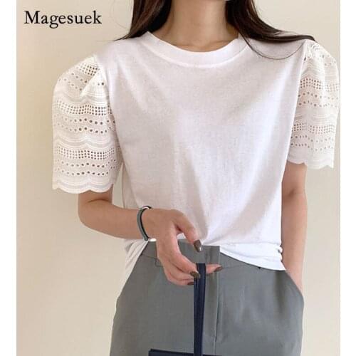 Korean Loose T-shirt 2021 Summer Loose O-neck Lace Stitched Clothing Plus Size Fashion Short-sleeved Shirts for Women Tops 14161
