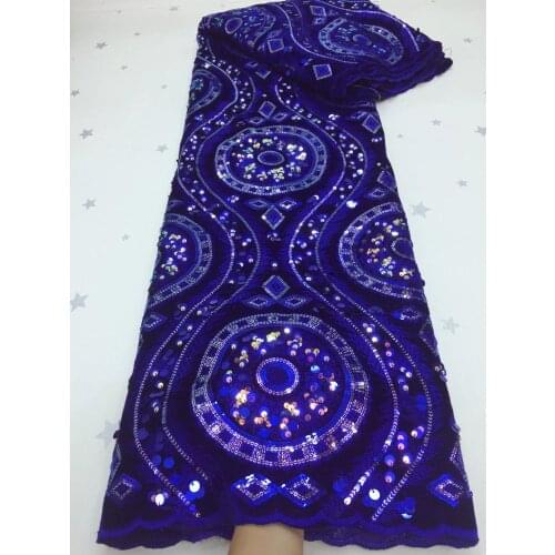 Blue Nigerian Velvet Voile Lace Fabric With Color Sequins African Net Lace Fabric Soft Stretch Velvet Lace For Wedding Dress FJF