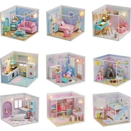 DIY Wooden Dollhouse Miniature with Light Furniture Creative Room for Girls