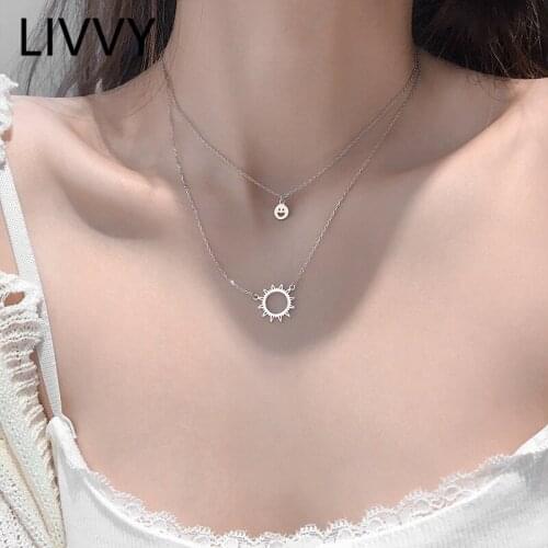 LIVVY Silver Color Fashion Sun Shape Double Layer Necklace For Women Round Smile Pendant Clavicle Chain Jewelry