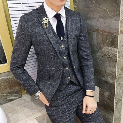 Vintage Plaid 3 Piece Tweed Dos Homens Grey Red Green Mens Wedding Costume Terno Slim Fit Suits
