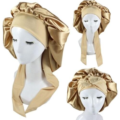Soft Silk Women Night Sleeping Shower Cap High Elastic Ladies Long Hair Care Bonnet Headwrap Cozy Satin Hat Accessories