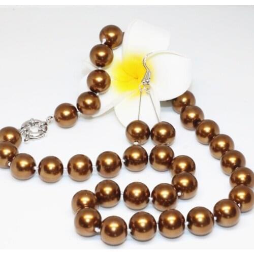 New fashion 12mm round simulated-pearl shell vintage bronze color round beads necklace earrings women jewelry set 18inch B2337