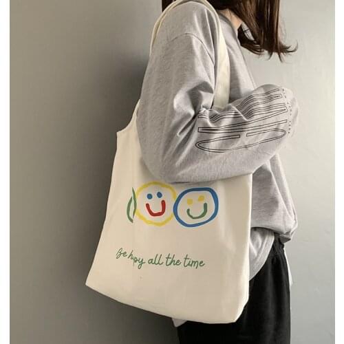 New Japanese Tote Shopping Bag for Lady 2020 Small fresh smiley Canvas Shoulder Bag Women Students Cotton Cloth Eco Shopper Bag