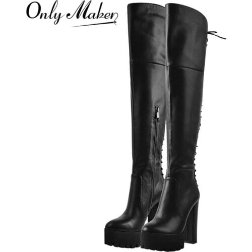 Onlymaker Women Fashion Platform Chunky High Heel Bootie Sexy Lace-U14p Side Zipper Stretch Over the Knee Shoes Big Size US5-15