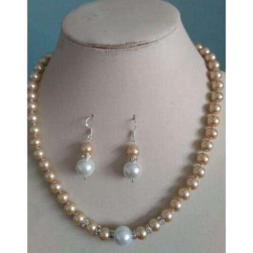 Wholesale good 8-12MM Champagne South Sea Shell Pearl necklace earrings set Grade k19