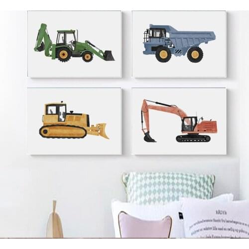 Simple North Europe cartoon excavator forklift kindergarten childrens room decoration picture art poster painting core inkjet