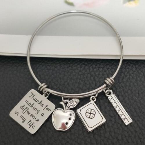 Stainless Steel Expandable Wire Bangle Teacher Appreciation Gift Thanks for Making a Difference in My Life Apple Charms Bracelet