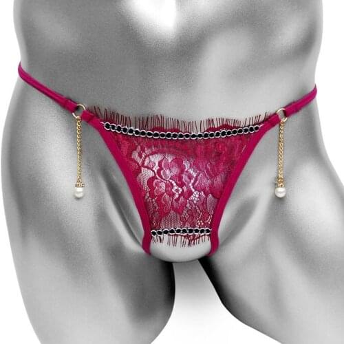 Open Crotch Sissy Thong Panties With Pendents Fashion Lace See Through G String Men Underwear Bikini Cute