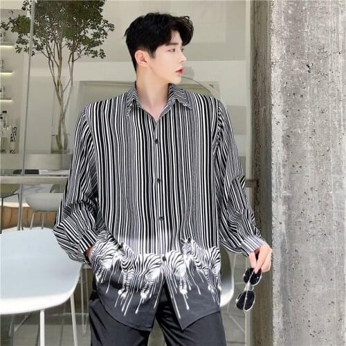 2021 spring and autumn fashion design sense long-sleeved shirt male Korean loose casual zebra print shirt male Dress Shirts