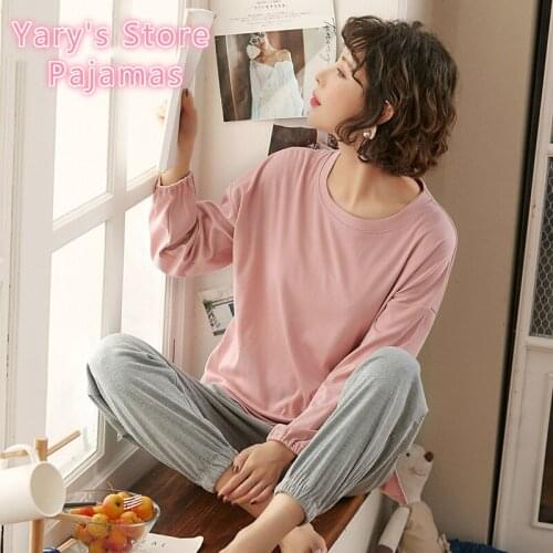 Women Pajamas Set Spring Autumn Thin Long Sleeve Pure Color Cotton Home Wear Set Round Collar No Bondage Comfortable Natural