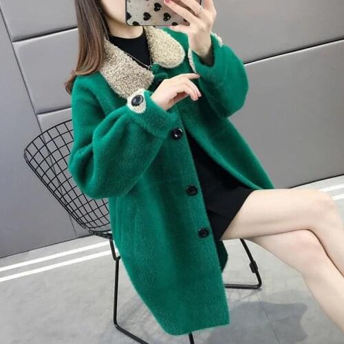 Imitation Mink Velvet Solid Turn-Collar Women Coats Korean Knit Cardigan Elegant Long Sleeve Tops Autumn Outerwear Loose Female