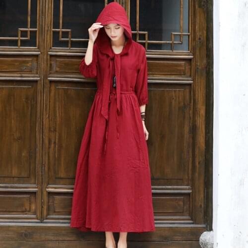 Johnature Women Hooded Dress Cotton Linen V-Neck Three Quarter Sleeve Solid Color Belt Clothing 2021 Spring New Vintage Dresses