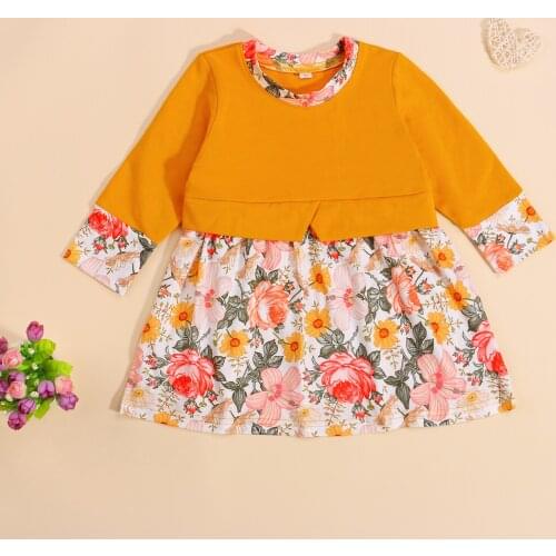 6M-4Y Kids Baby Girls Casual Dress Floral Print Round Neck Long Sleeve Stitching Dress Spring Autumn Loose Sweet Mid Dress