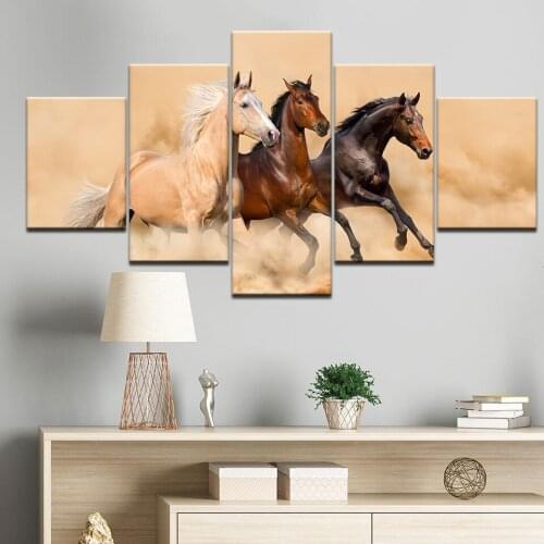 5 Piece Framed Wall Art Pictures Run Horses Summer Grassland Canvas Print Artwork Animal Poster With Wooden Frame For Home Decor