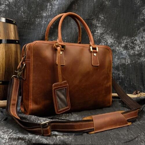 Mens Crazy horse Leather briefcase Brown 15" laptop genuine leather handbag Cow leather business bag Work tote PC shoulder bag